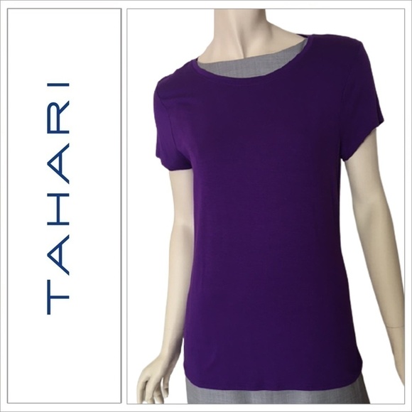 Tahari Ann Knit Rayon Pullover Top Tee T-Shirt Purple Sky L NWT - Picture 9 of 11